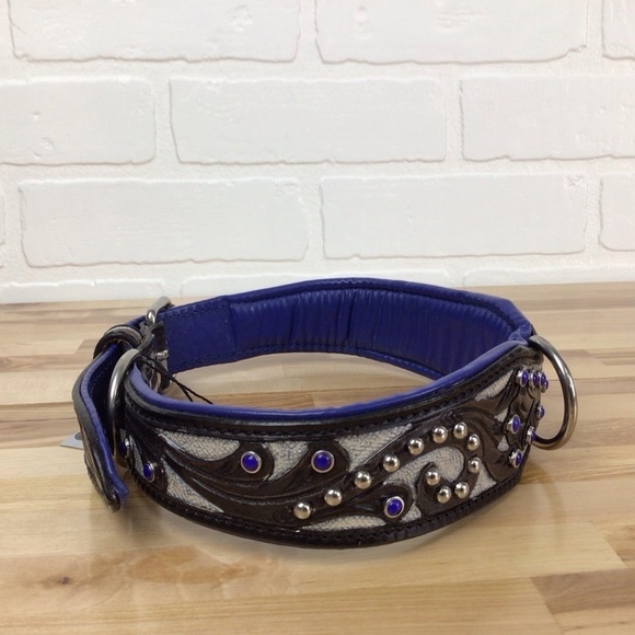 Madcow genuine leather contemporary dog collar handcraf black cerule blue silver - Picture 5 of 16